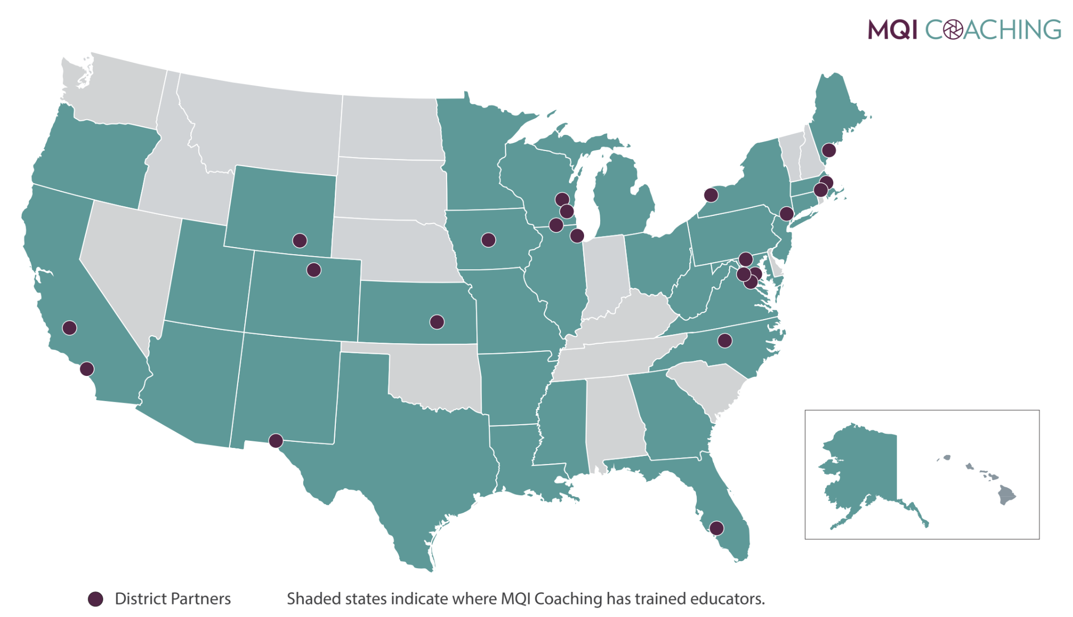 MQI coaching's partnerships across a map of the United States