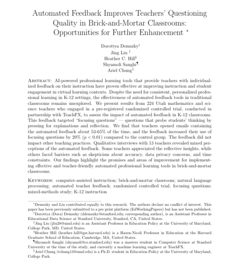 Automated Feedback Improves Teachers’ Questioning Quality in Brick-and-Mortar Classrooms: Opportunities for Further Enhancement