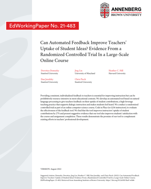 Can Automated Feedback Improve Teachers' Uptake of Student Ideas?