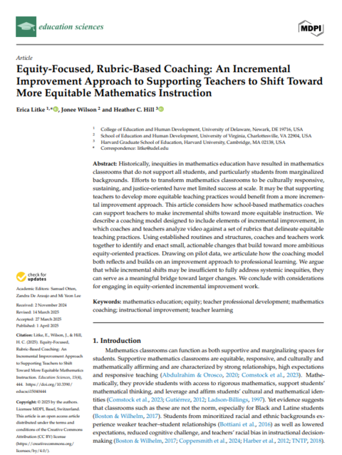 Equity-Focused, Rubric-Based Coaching: An Incremental Improvement Approach to Supporting Teachers to Shift Toward More Equitable Mathematics Instruction