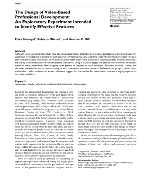 The Design of Video Based Professional Development: An Exploratory Experiment Designed Intended to Identify Effective Features